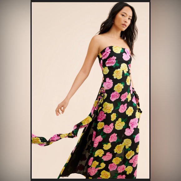 For Love And Lemons Strapless Black Dress with Pink and Yellow Floral - Picture 2 of 9
